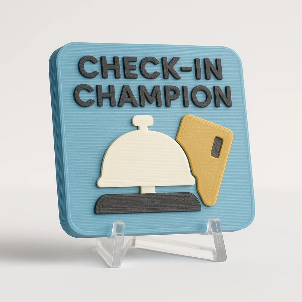 Check-In Champion magnetic 3D-printed achievement badge