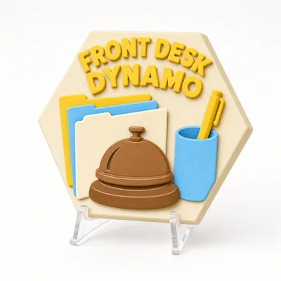 Front Desk Dynamo magnetic 3D-printed achievement badge