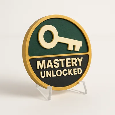 Mastery Unlocked magnetic 3D-printed achievement badge